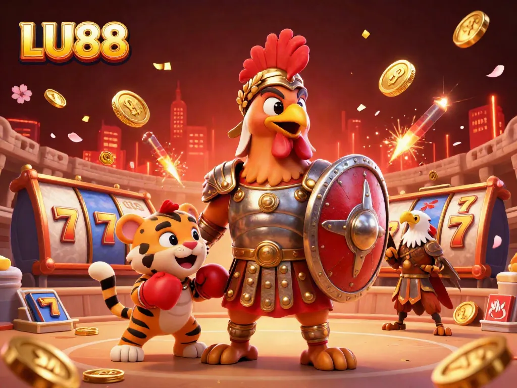 Experience the excitement of LU88 with dynamic slot reels and a colorful casino theme featuring vivid characters.