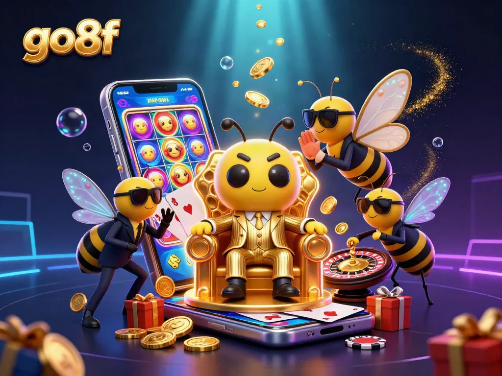 Engage in dynamic slot gaming action with go8f's vibrant 3D illustration featuring bumblebee mob boss and casino elements.