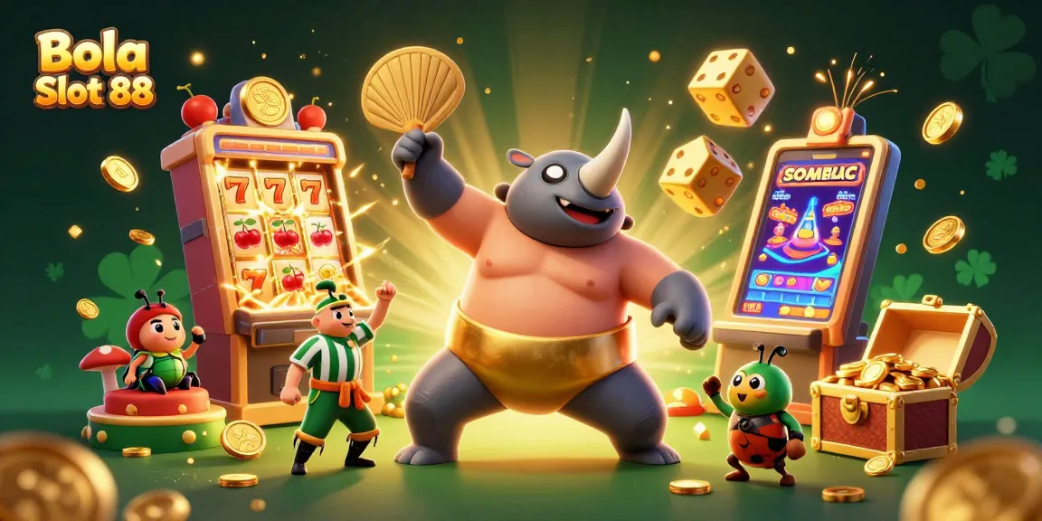 Bola Slot 88 illustrates a dynamic casino scene with a beetle champion amidst flying coins.