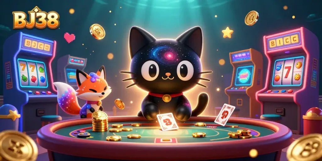 Engage in thrilling gameplay at BJ38, with a cosmic casino scene featuring glowing slot machines and captivating characters.