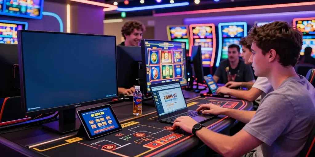Exciting online gaming experience at https://1da88.it.com/ with diverse players enjoying various games in a modern casino atmosphere.