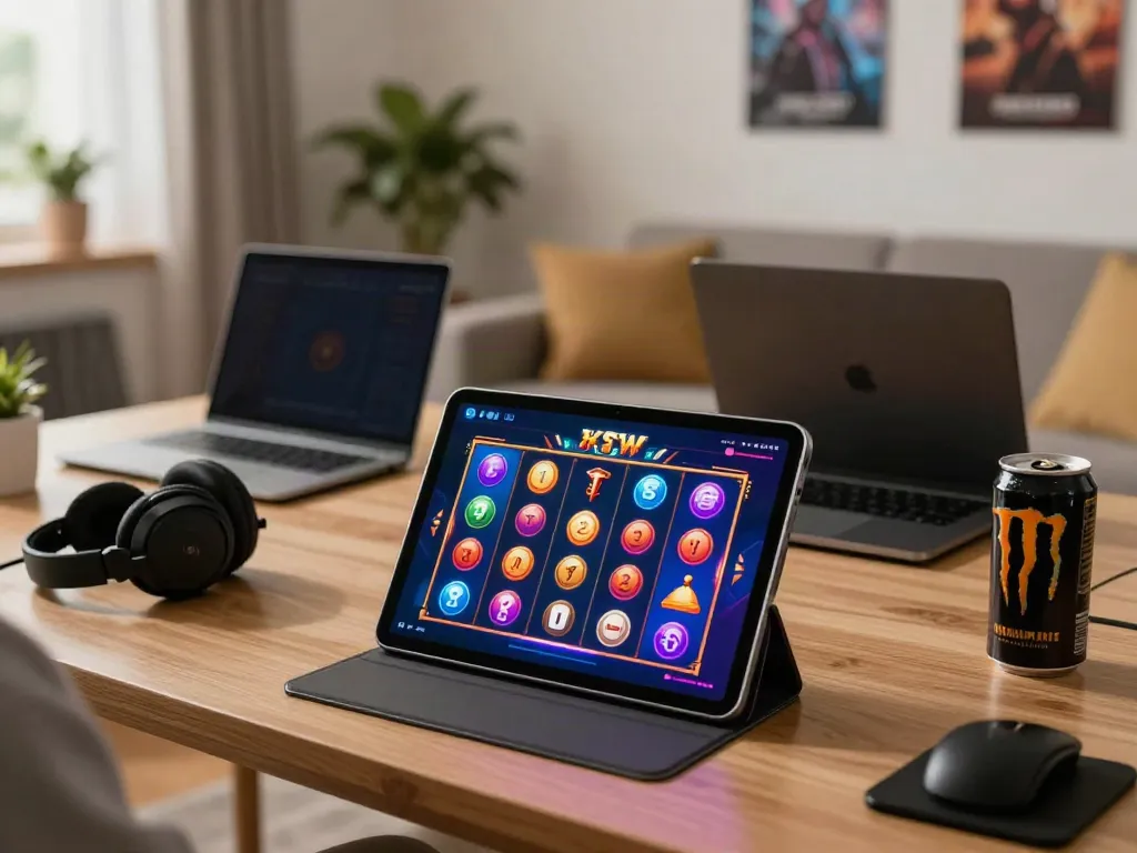 Tuan88 player enjoying vibrant slot games on a tablet in a cozy living room setting.