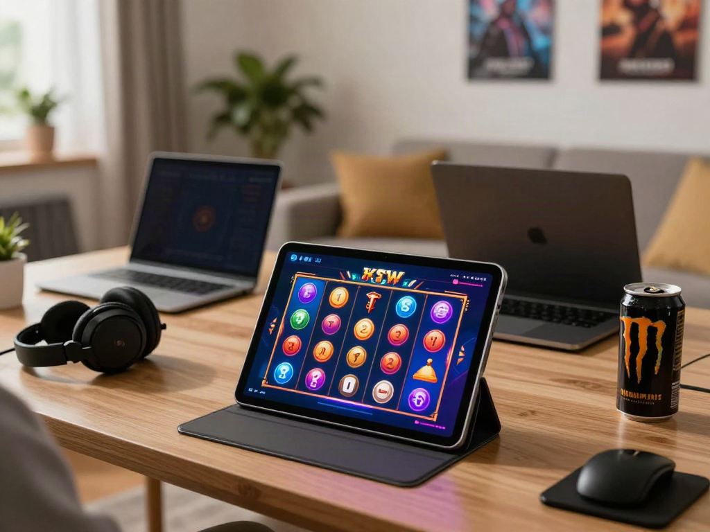 Tuan88 player enjoying vibrant slot games on a tablet in a cozy living room setting.