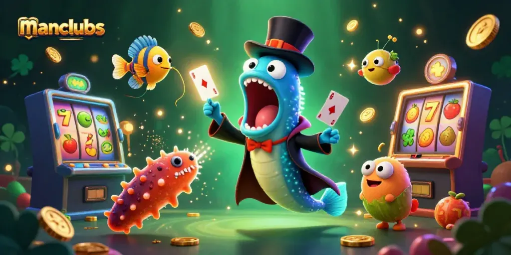 Engaging manclubs casino scene with deep-sea characters performing card tricks surrounded by colorful slot machine elements.