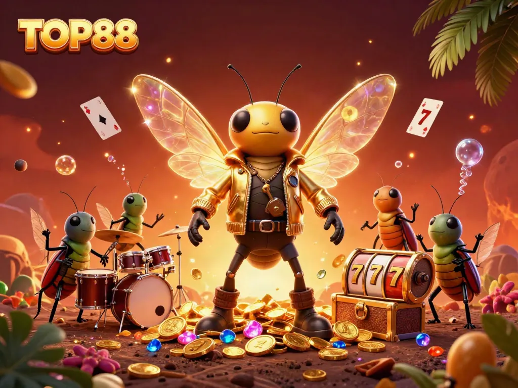 TOP88 vibrant casino-themed illustration with characters celebrating big wins and dynamic game elements.