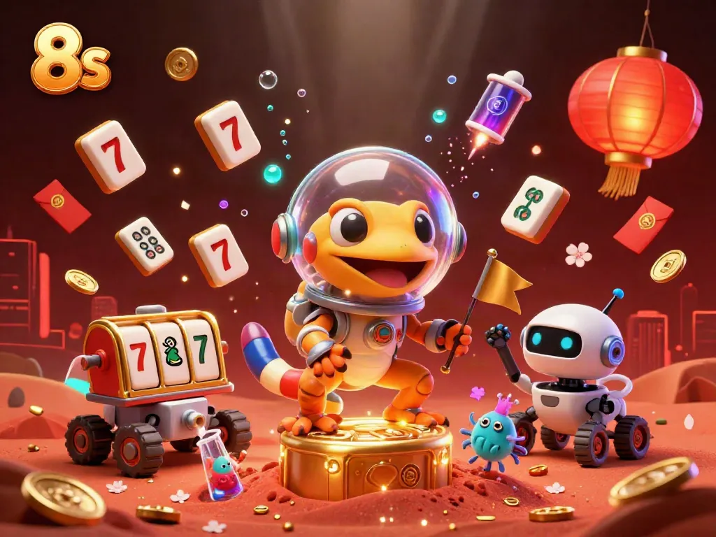 Experience high-stakes gambling with 8s at a golden Martian casino in this vibrant illustration.