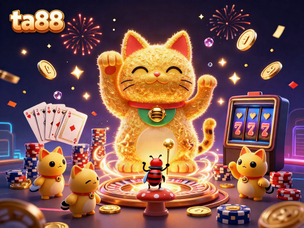 Experience exhilarating wins at ta88 with vibrant casino-themed digital illustration, showcasing a lucky cat and gaming elements.