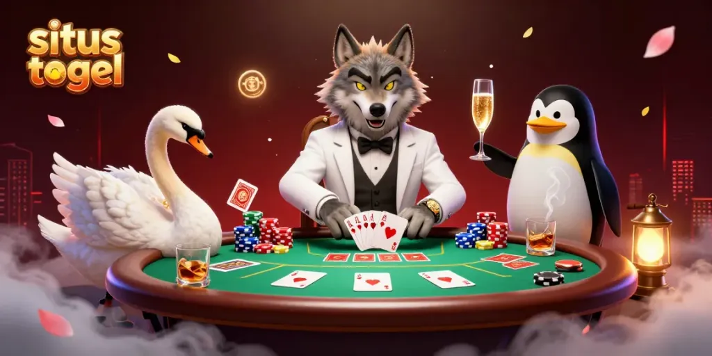 Experience situs togel with engaging characters at a luxurious baccarat table in this vibrant casino scene.