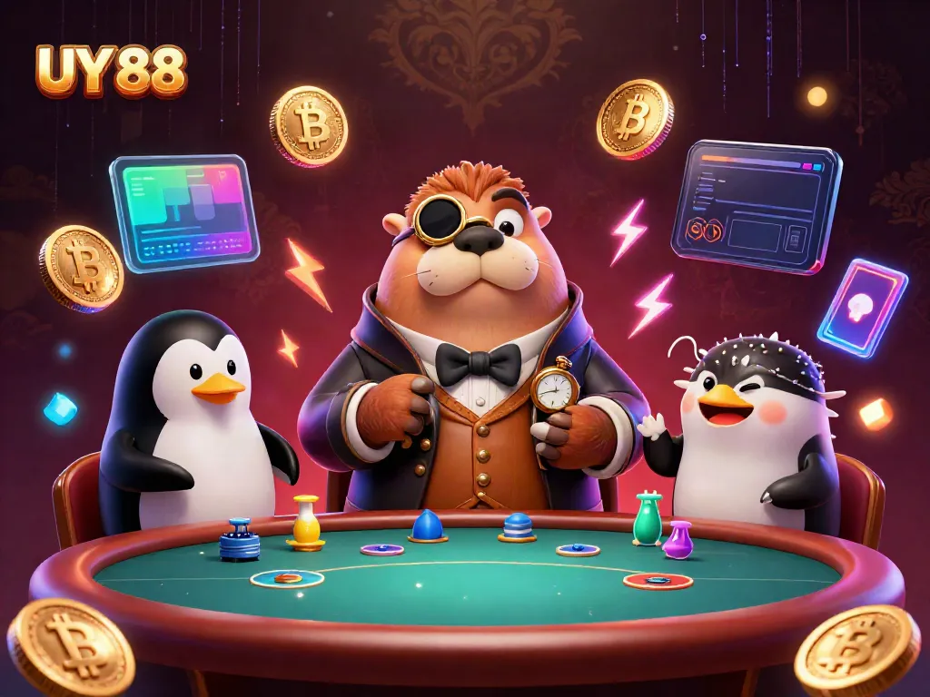 Play poker with UY 88 at an underwater table alongside imaginative characters and glowing crypto elements.