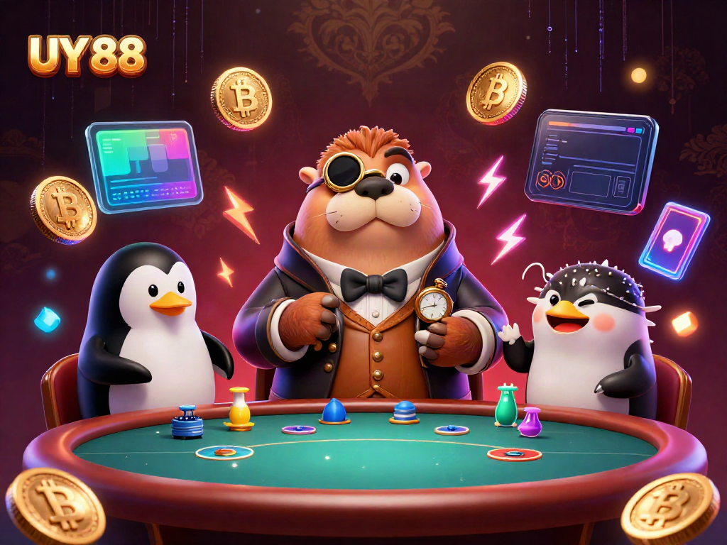Play poker with UY 88 at an underwater table alongside imaginative characters and glowing crypto elements.