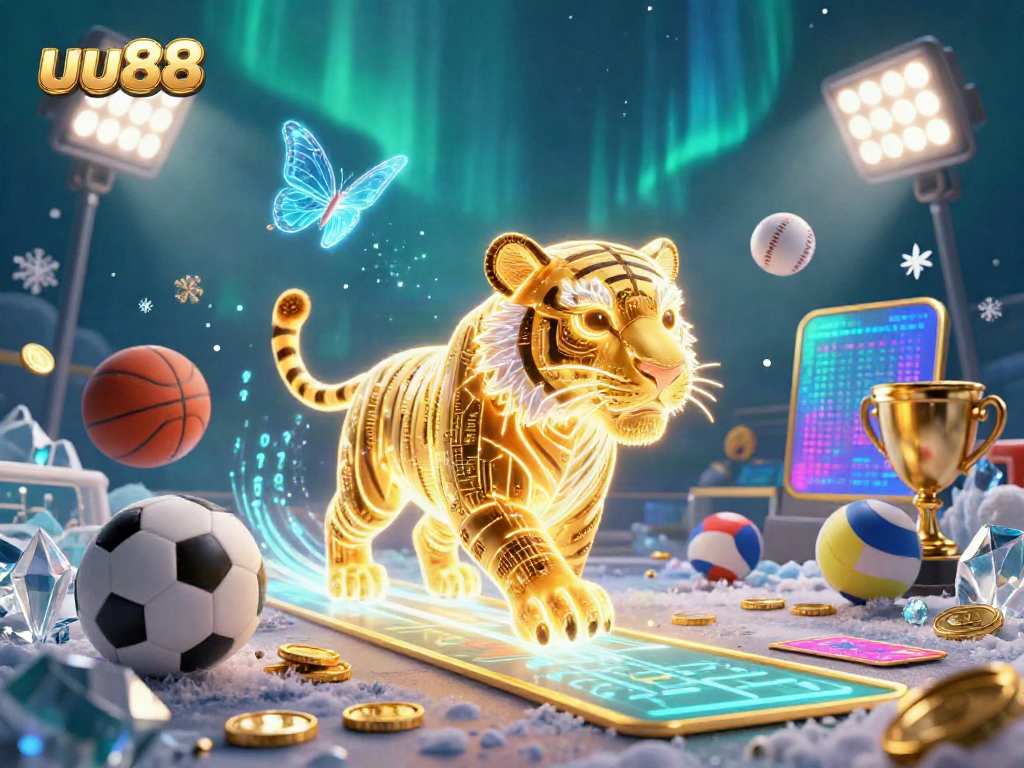 Experience the thrilling energy of uu88 with a neon-wireframe tiger in a vibrant casino landscape.