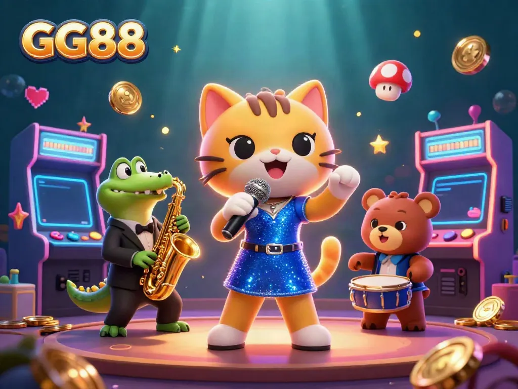 Experience the vibrant GG88 casino scene with a jazz-singing cat and colorful gaming elements.