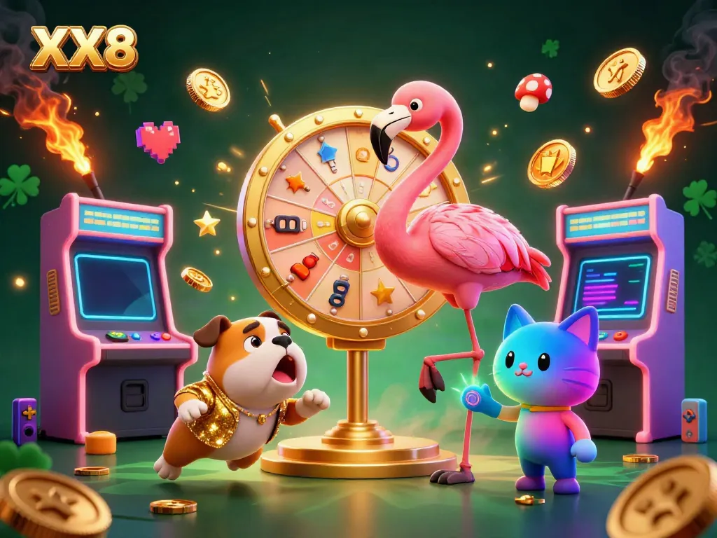 Engage with the exciting XX8 online casino scene featuring a flamingo host, a bulldog contestant, and a cat assistant.