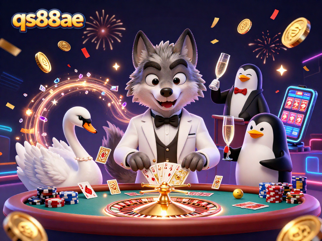 The lively scene at qs88ae features a wolf at a baccarat table with vibrant casino elements and dynamic betting excitement.
