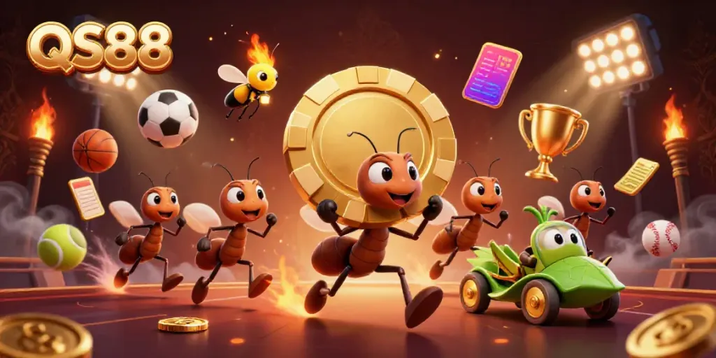 Experience excitement at QS88 with a cartoon heist featuring ants, poker chips, and dynamic sports elements.