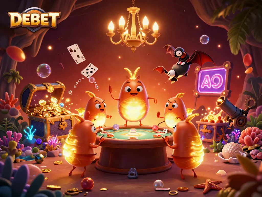 Join the DEBET fun in a vibrant cave casino illuminated by glowworms and a bat dealer.