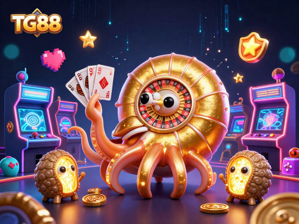 Play exciting casino games at TG88 featuring a giant nautilus roulette and vibrant arcade elements.