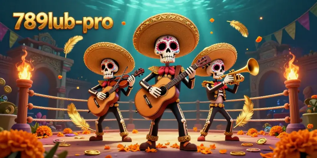 Experience thrilling 789lub-pro gaming action with colorful Dia de los Muertos mariachi characters in a vibrant casino atmosphere.