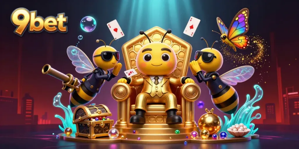 Engage with 9bet's thrilling casino atmosphere, featuring an ultra-detailed 3D illustration of a bee mob boss and gaming elements.