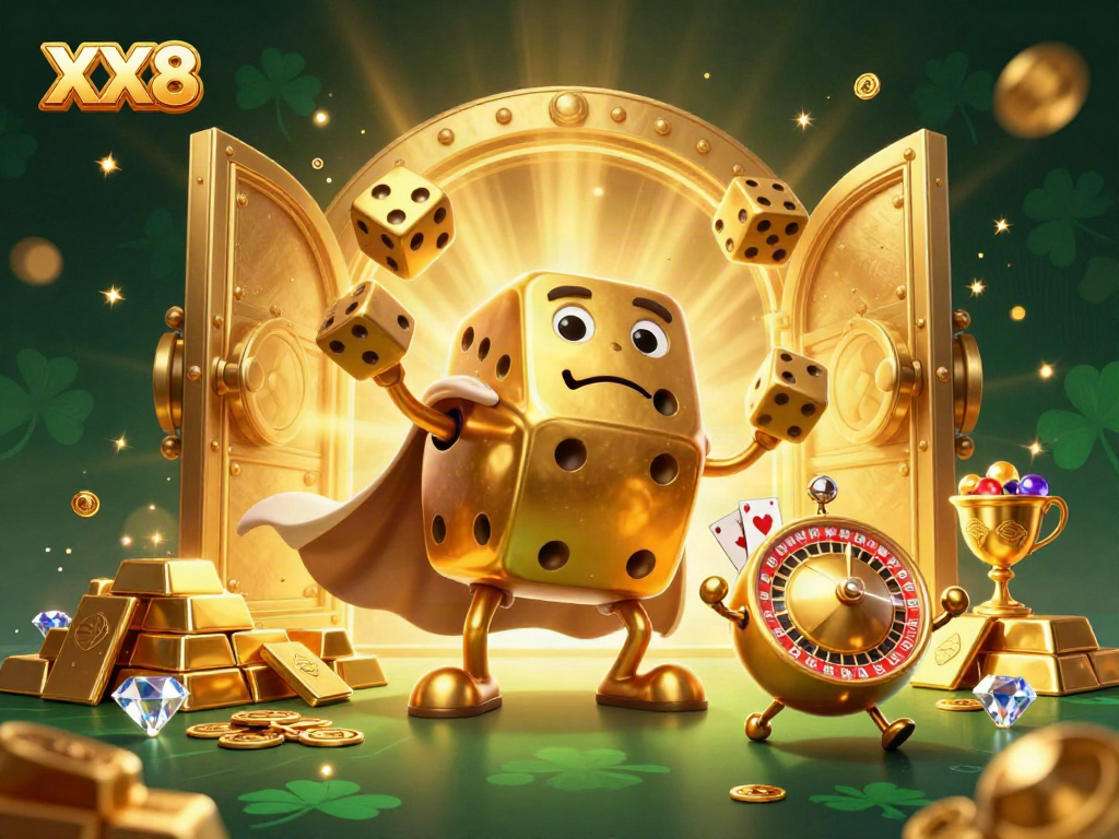 Experience the thrilling fun of XX8 with dynamic golden dice, casino elements, and vibrant treasure.