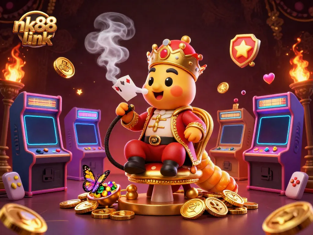 Experience the excitement of the nk88 link with an illustrated casino scene featuring a whimsical caterpillar and game elements.