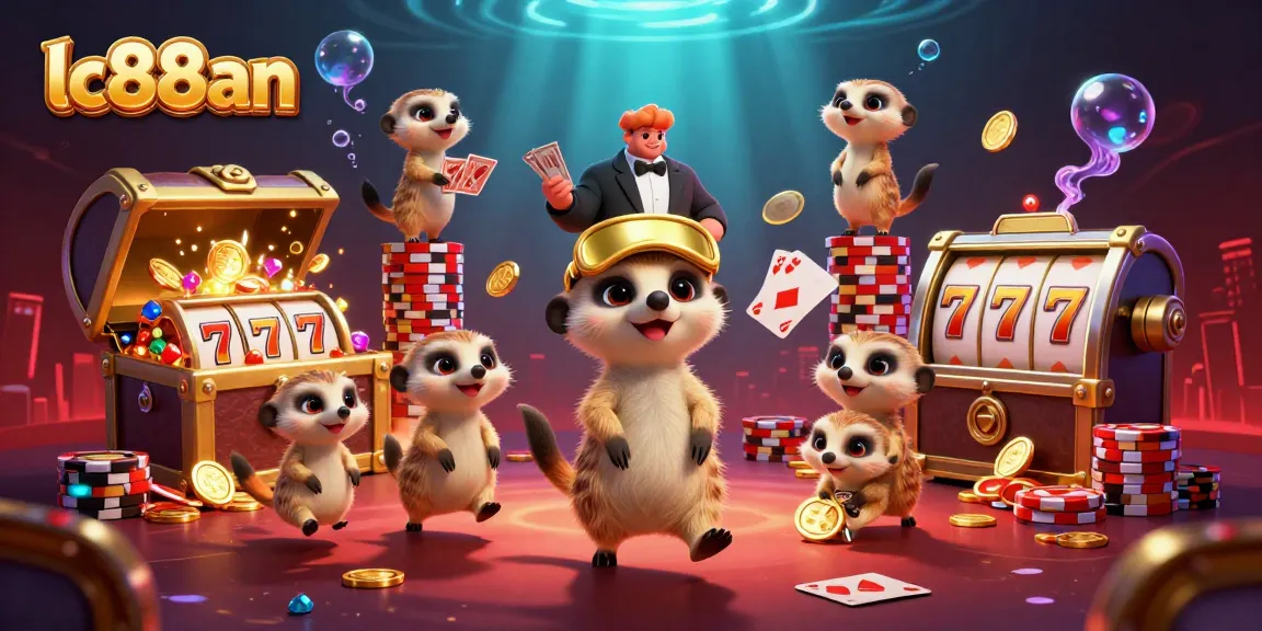 Experience vibrant casino action with lc88an meerkats, dealers, and treasures in this lively illustration.