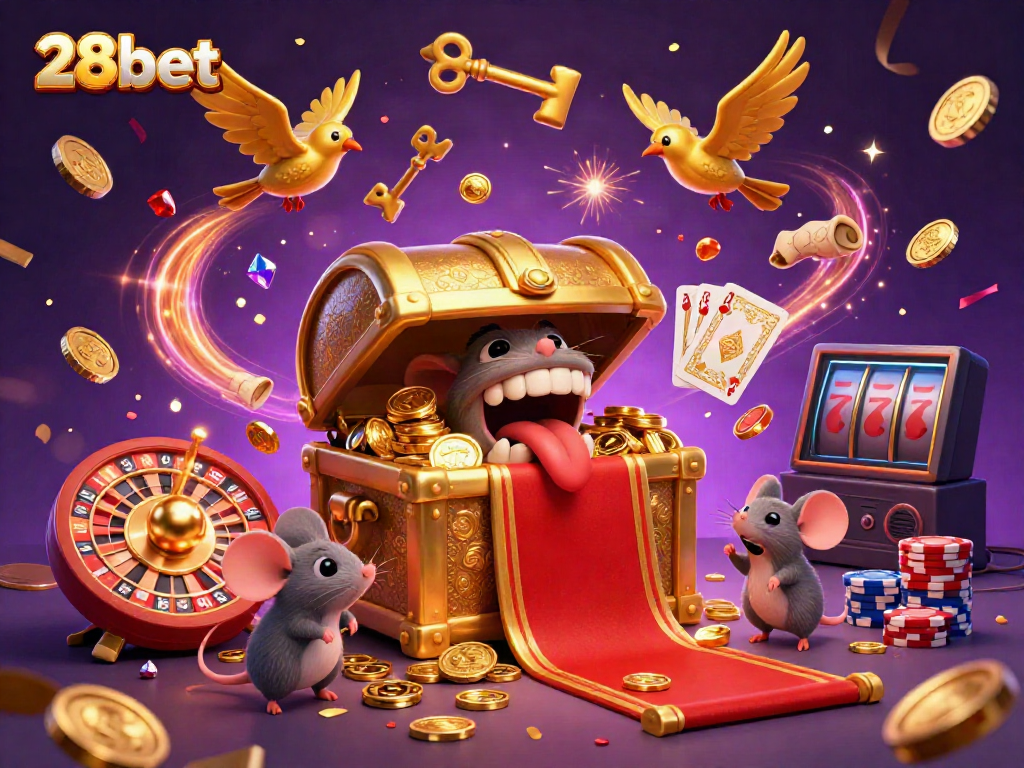 Engage with 28bet's vibrant 3D casino illustration showcasing treasures, roulette, and excitement.