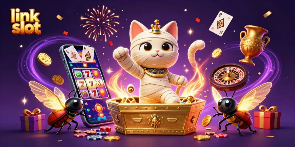 Play exciting link slot games with a vibrant Egyptian theme and colorful slot elements.