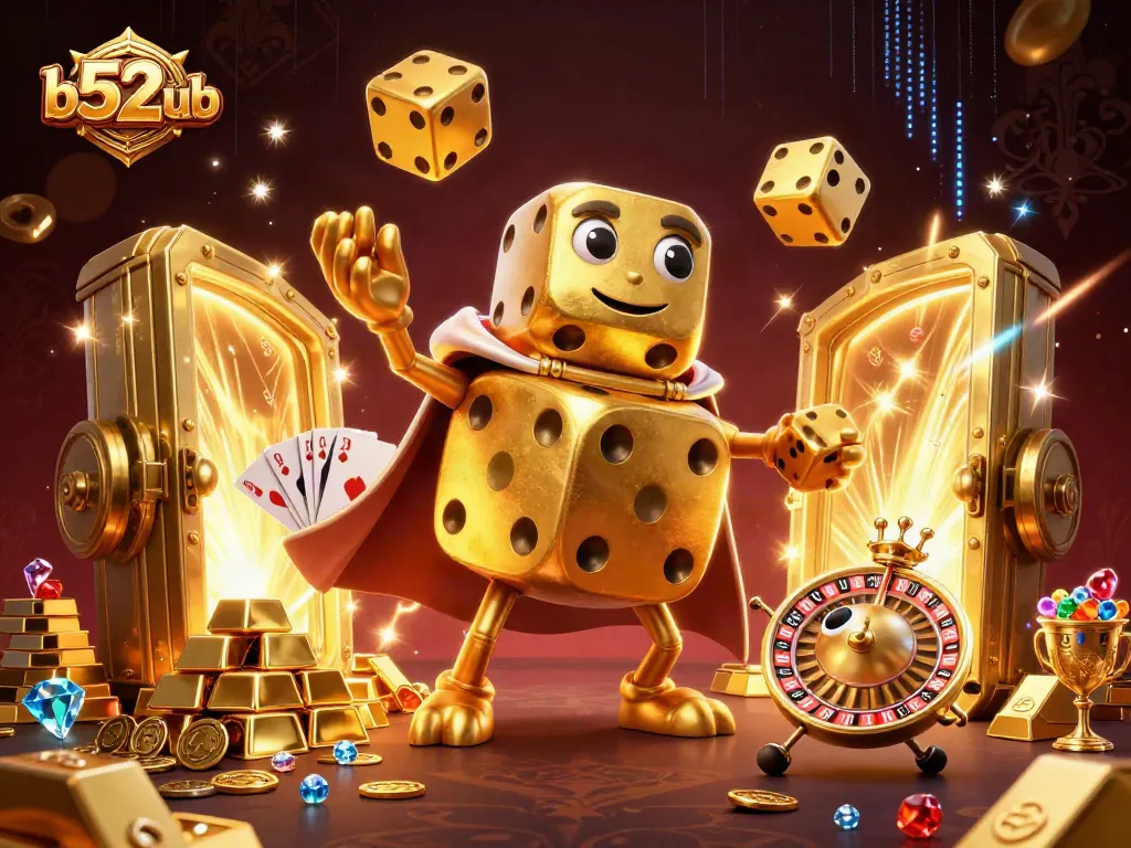 Engage with b52club's vibrant casino scene featuring playful golden dice and treasure.