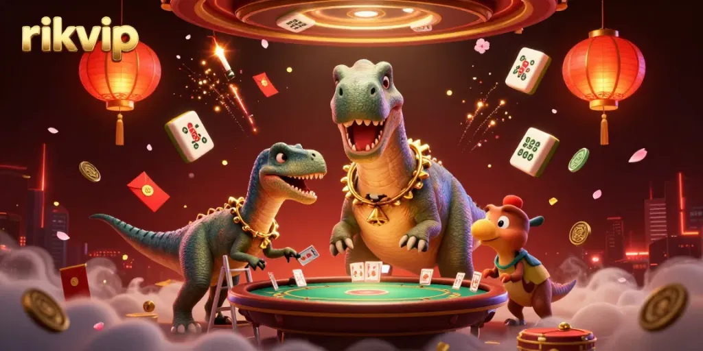 rikvip card game scene featuring a giant brontosaurus and a raptor dealer among casino elements and celebrations