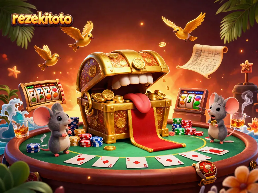 Experience exciting gambling action with rezekitoto, featuring dynamic slot reels and poker elements in a vibrant scene.