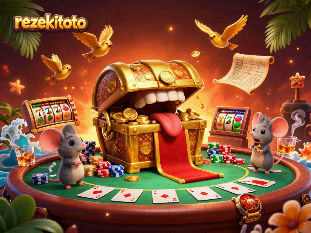 Experience exciting gambling action with rezekitoto, featuring dynamic slot reels and poker elements in a vibrant scene.