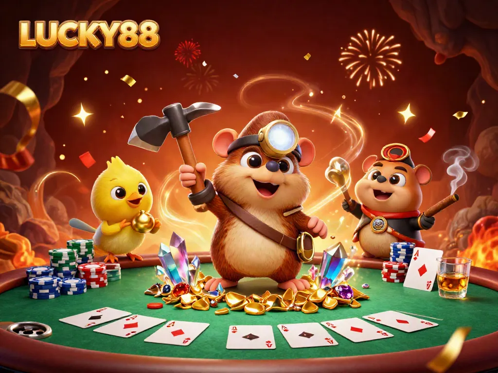 Engage with LUCKY88 gaming excitement featuring vibrant 3D characters in a rich casino scene.