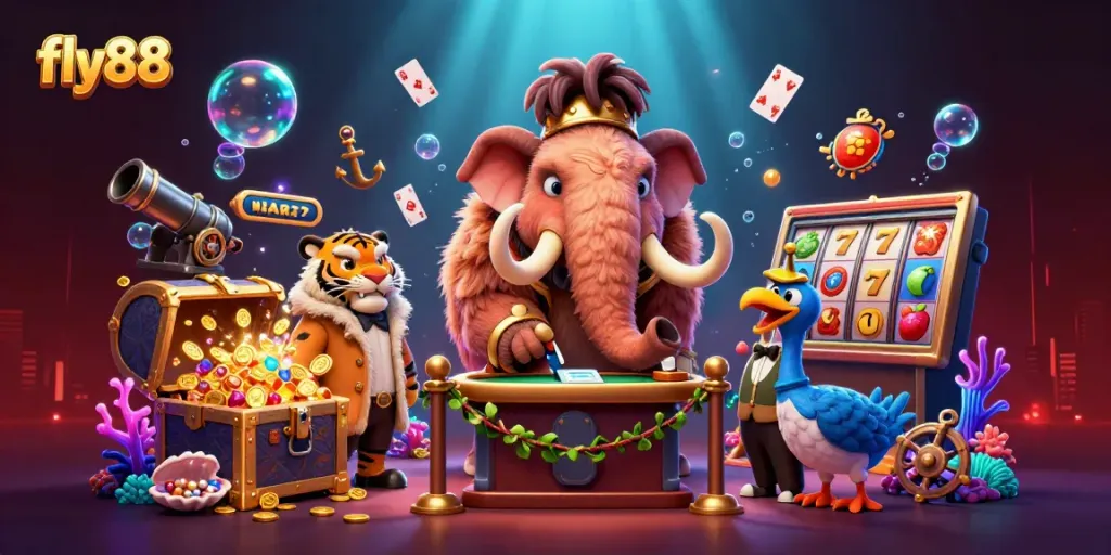 Experience the vibrancy of fly88 as a woolly mammoth checks IDs at the casino entrance with dynamic slot elements.
