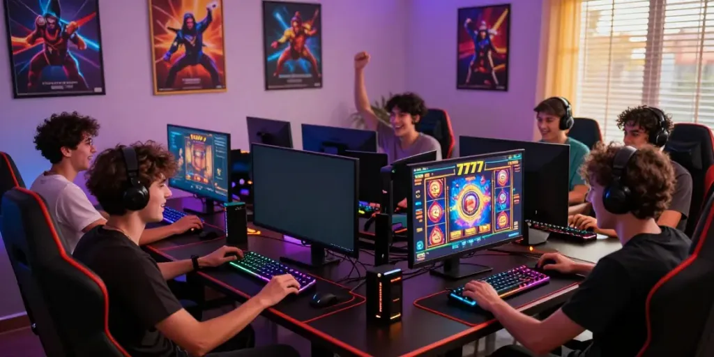 Diverse group enjoying slot777 online gaming together in a vibrant, modern setting.