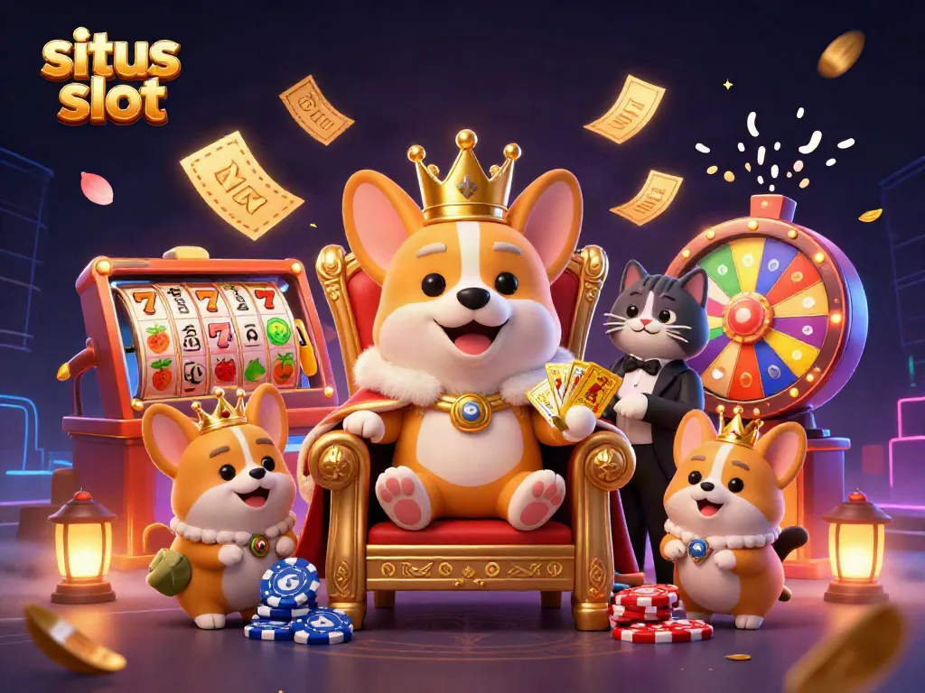 Engage in situs slot excitement with a corgi king surrounded by colorful game elements.