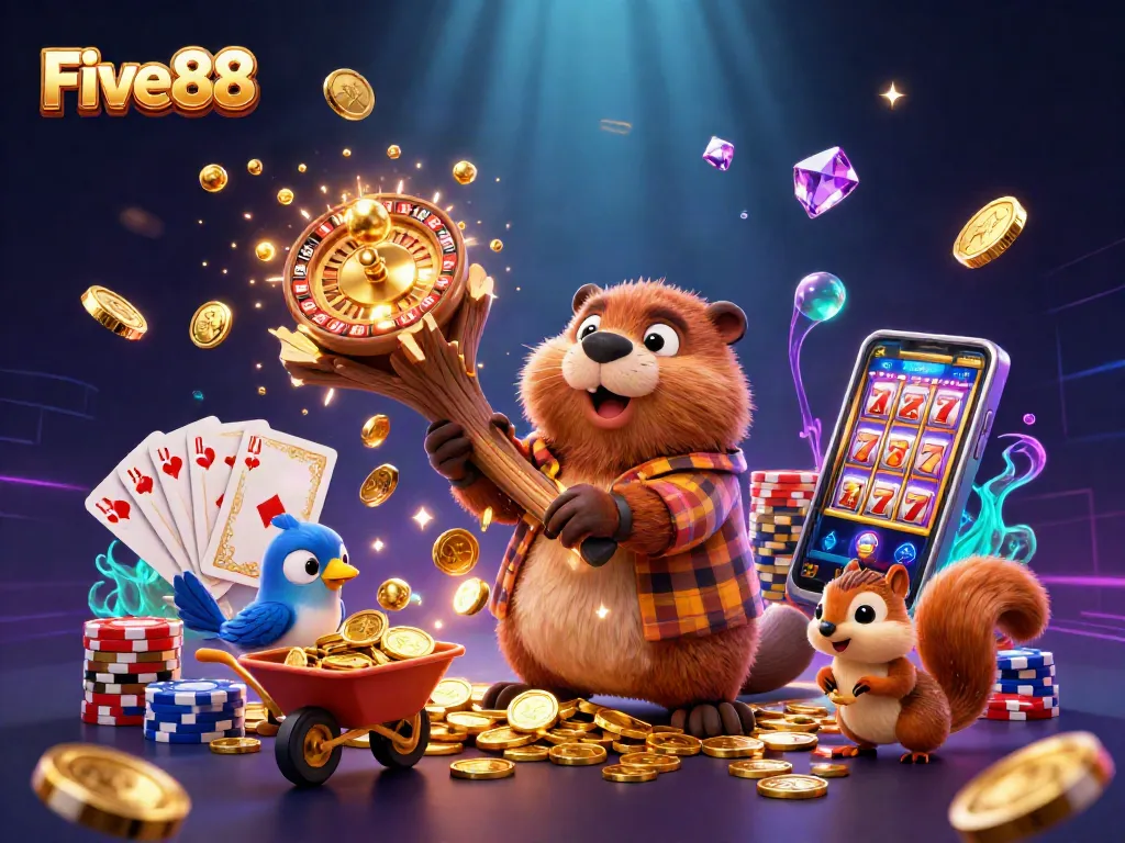 Win big with Five88 by enjoying a colorful casino scene filled with gold coins and dynamic games.