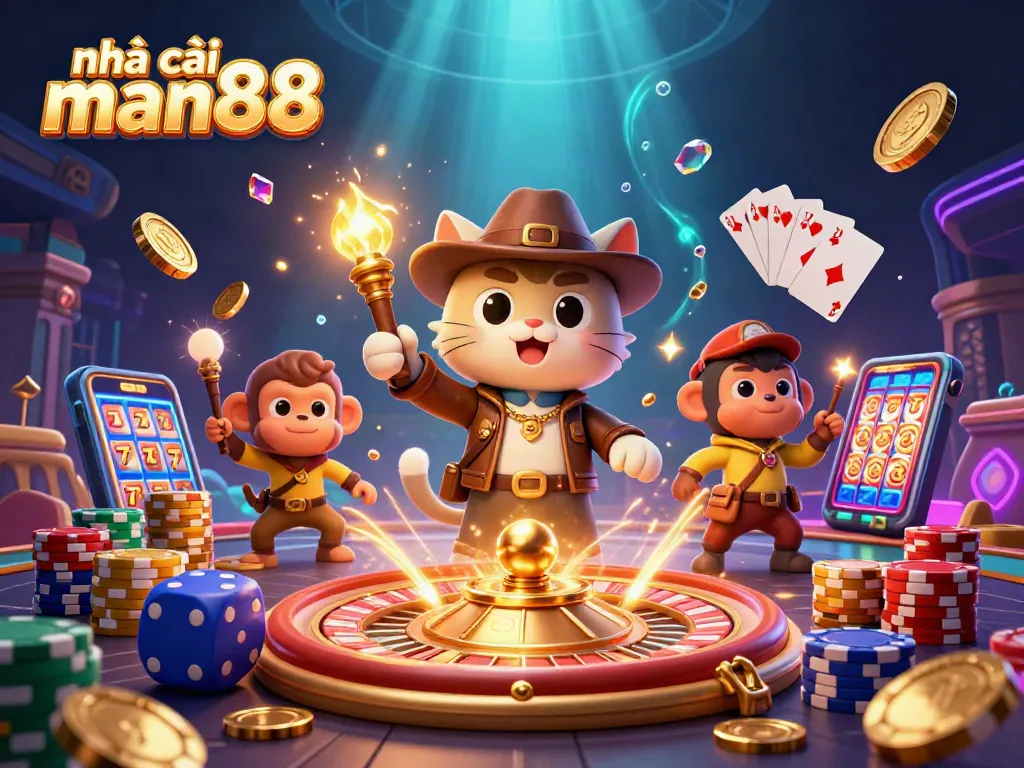 Experience the excitement of nhà cái man88 with a 3D explorer feline discovering casino treasures amid vibrant game elements.