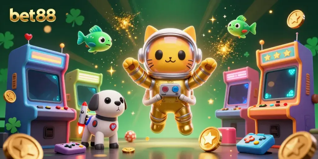 Experience the thrill of bet88 gaming with a dynamic scene featuring an astronaut cat, robot dog, and arcade elements.