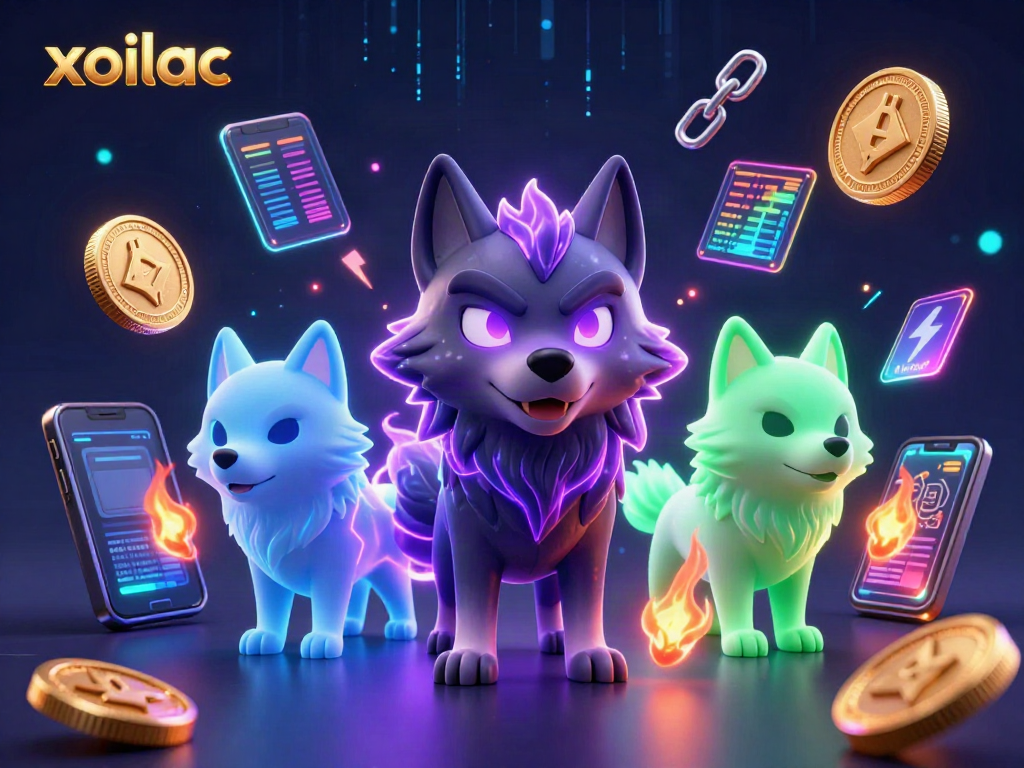 Xoilac shows winning strategies with glowing 3D wolves and cryptocurrencies in a vibrant casino scene.