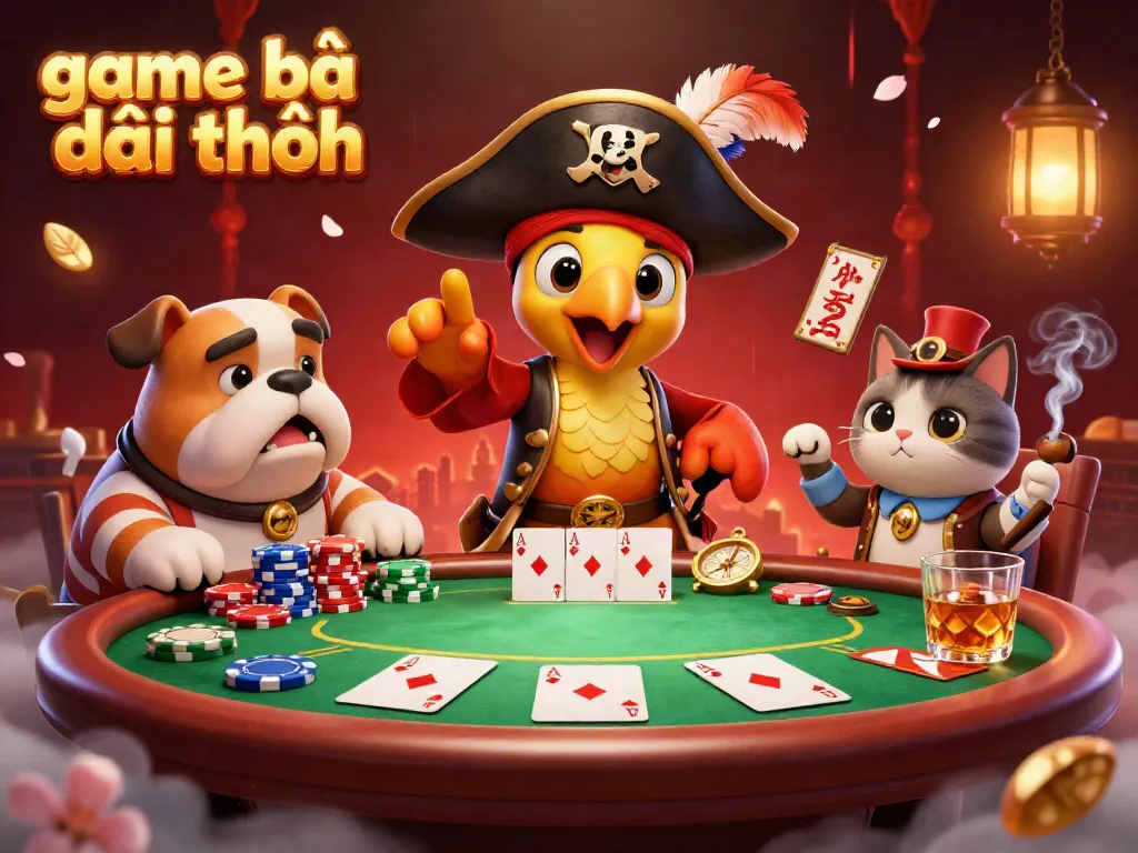 Engage with game bài đổi thưởng at a vivid poker table led by a pirate captain, highlighting dynamic gameplay.