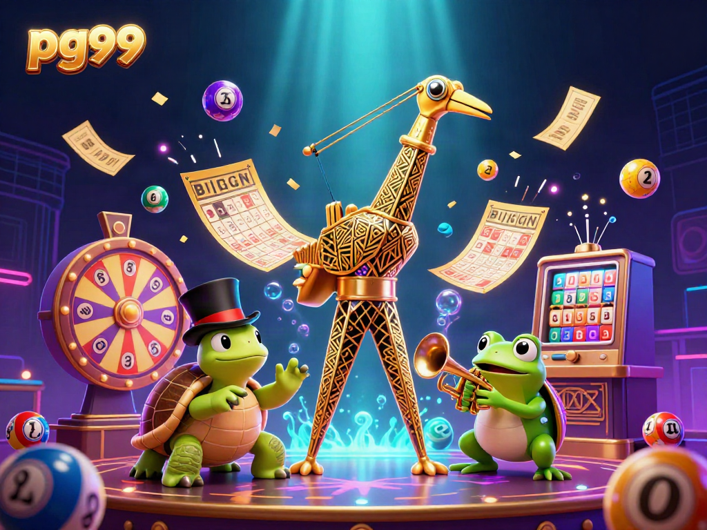 Experience thrilling games at pg99 with a cartoon crane, turtle, and frog amidst a vibrant casino scene.