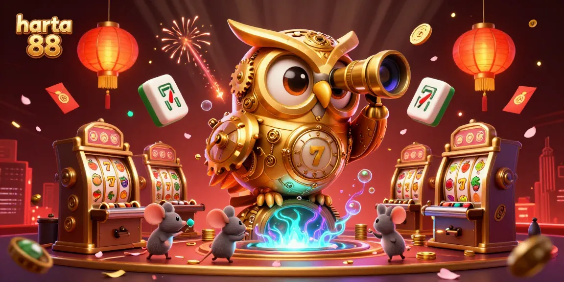 Harta 88 showcases vibrant slot reels surrounded by animated casino characters in a festive scene.