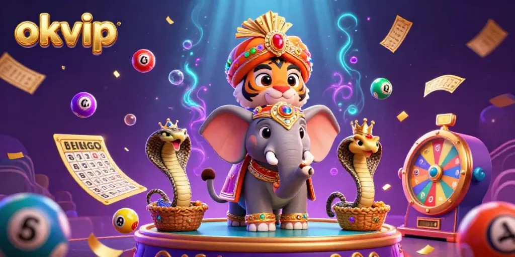 Engage in excitement with okvip’s vibrant casino scene featuring a maharaja tiger and dynamic game elements.