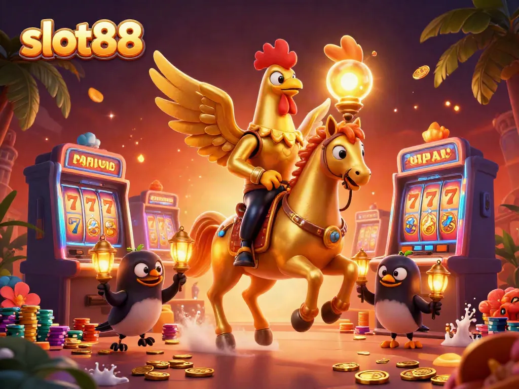 Experience slot88 excitement with a golden rooster and friends in a vibrant casino scene.