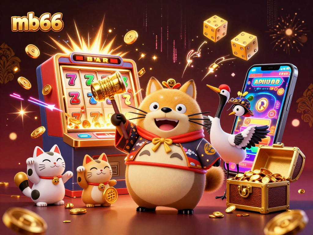 Engage with mb66's vibrant casino scene featuring a cheerful tanuki and exciting game elements.