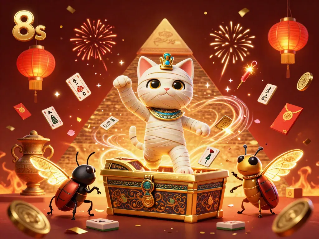 Engage with the thrilling atmosphere of 8s casino adventure featuring an Egyptian mummy cat and a scarab beetle.
