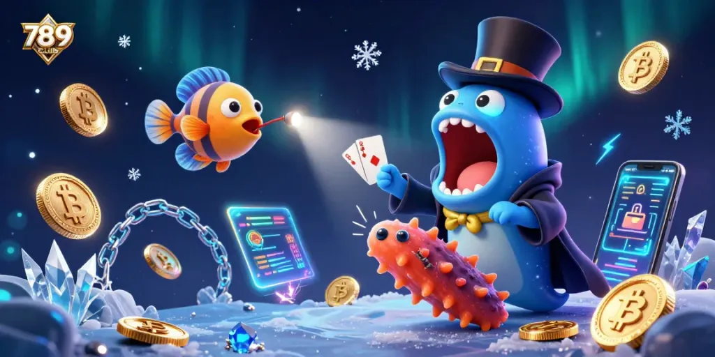Engage with 789CLUB's vibrant casino magic featuring unique underwater characters performing tricks.