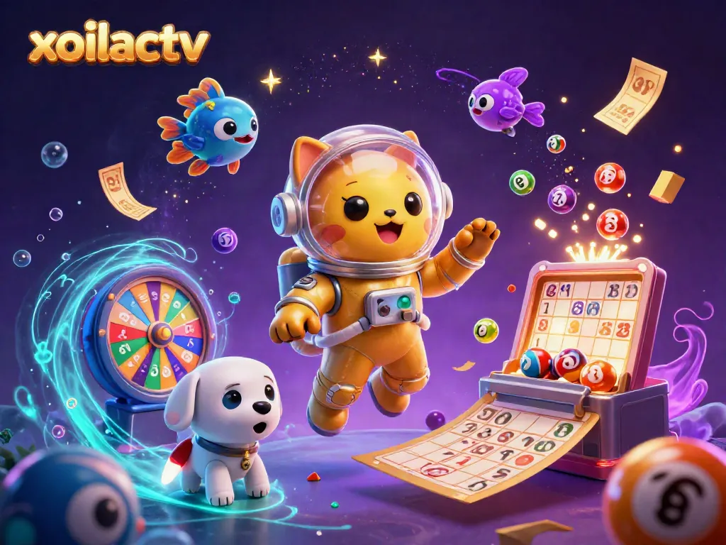 Experience live betting excitement with xoilactv, surrounded by dynamic gaming elements like lottery balls and prize wheels.
