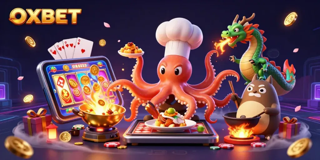 Engage with OXBET through vibrant online gaming with sushi chef octopus and dragon!